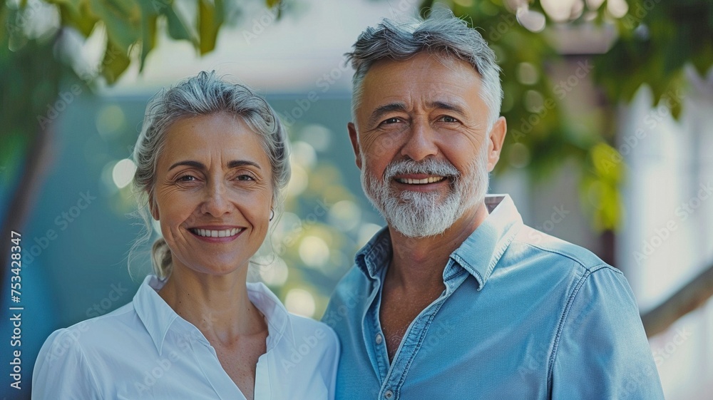 illustration of a contented elderly couple with gray hair and white, flawless teeth, separated on a blue backdrop with text space. dental attention. artificial teeth. dental care illustration of a contented elderly couple with gray hair and white, flawless teeth, separated on a blue backdrop with text space. dental attention. artificial teeth. dental care
