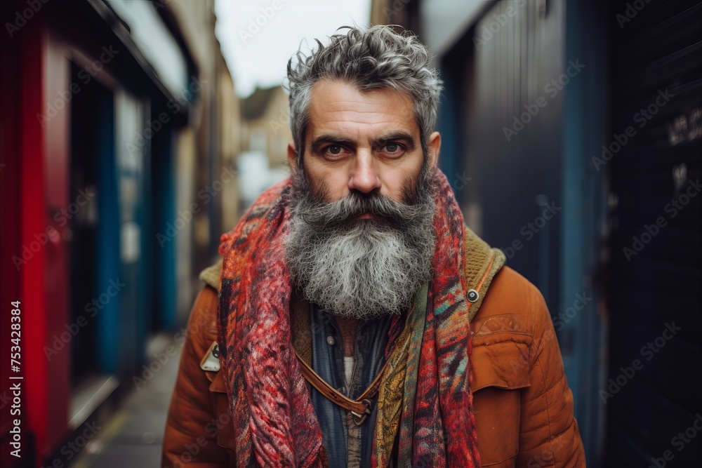 Portrait of a bearded middle-aged man with a long gray beard and mustache in a red shawl on the street in the city