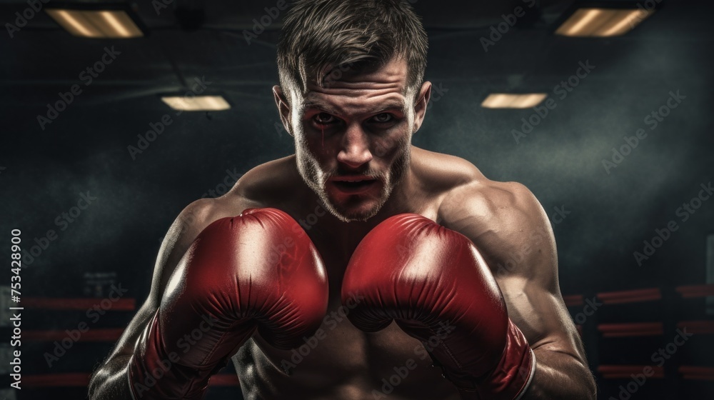 A close-up of a Boxer man ready to strike in red gloves looks at the camera against the dark background of the ring, gym. Competitions, Sports, Energy, Training, Healthy lifestyle concepts.