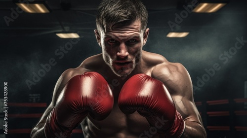 A close-up of a Boxer man ready to strike in red gloves looks at the camera against the dark background of the ring, gym. Competitions, Sports, Energy, Training, Healthy lifestyle concepts. © liliyabatyrova