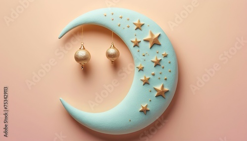 Crescent moon with christmas decoration on pastel background. 3D rendering