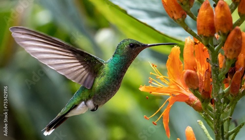 Vibrant Encounter: Green Hummingbird in Flight beside Orange Tropical Blossom"
