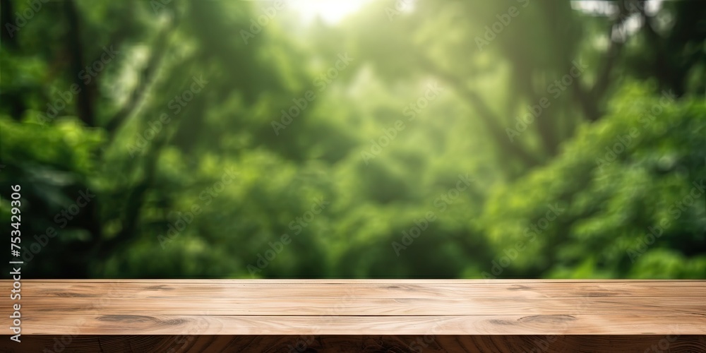 Wooden table top in a green forest or garden, offering a fresh and relaxing concept for product displays or visual layouts, with a view of copy space. Wooden table top in a green forest or garden, offering a fresh and relaxing concept for product displays or visual layouts, with a view of copy space.