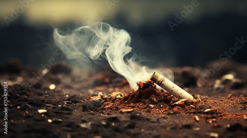 Close-up of a burning cigarette with ash falling symbolizing danger and addiction photo