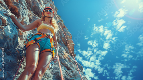 A determined female rock climber ascends a steep cliff over the ocean, showcasing skill, strength, and the beauty of extreme sports.