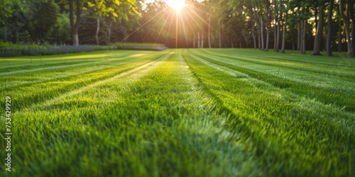 green field with sun rays, mowed lawn photo
