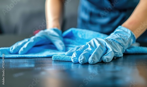 Cleaner hands in gloves polishing table top with cloths © piai