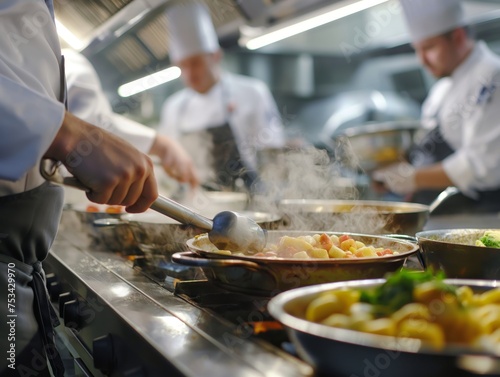 A team of chefs preparing dishes in a commercial kitchen, with focus on hands and pans.