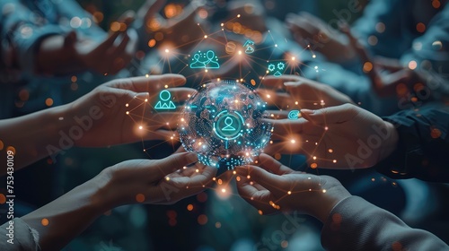 Businesswomen collaboratively shaping the future with their hands holding innovative icons representing teamwork, strategy, and achievement