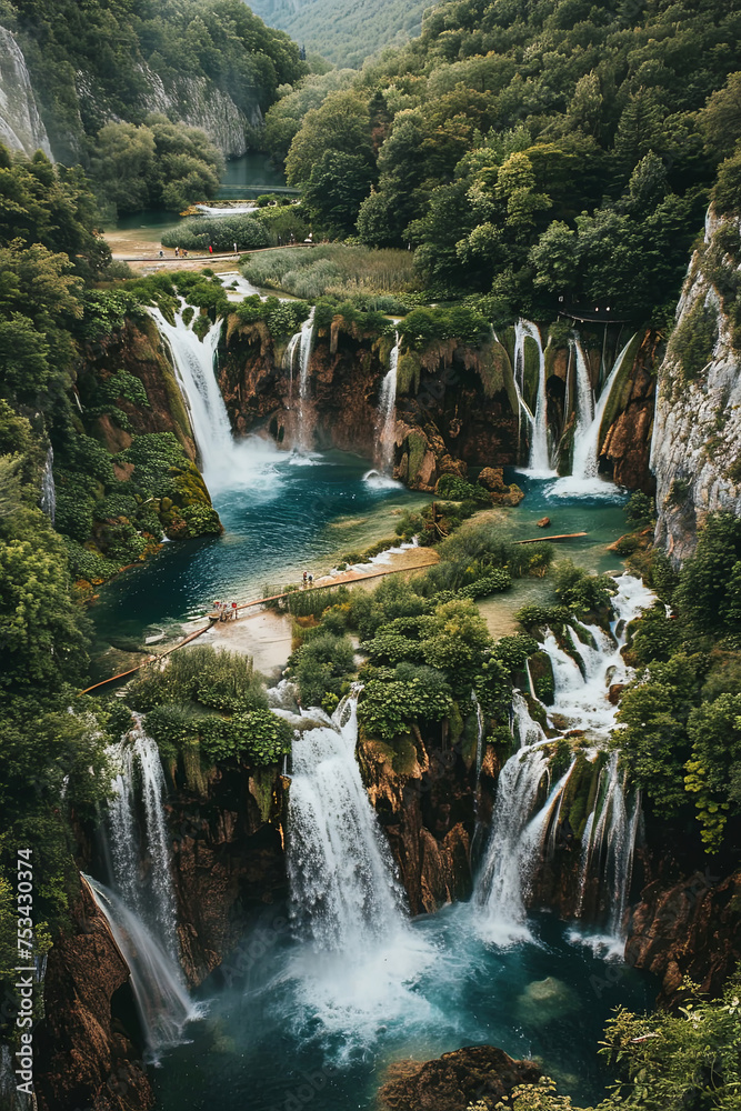 Aerial view of beautiful cascading waterfalls