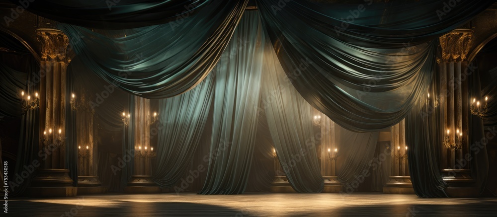Theatrical drapes in subdued lighting for backdrop - obrazy, fototapety, plakaty 