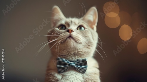 Funny White Cat Gray Bow Tie, Desktop Wallpaper Backgrounds, Background HD For Designer © PicTCoral