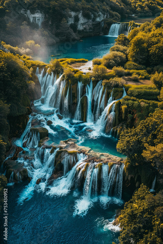 Aerial view of beautiful cascading waterfalls