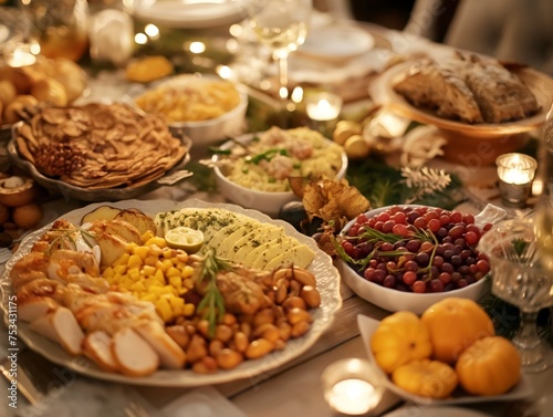 A sumptuous spread of various dishes on a festively decorated dinner table with soft lighting.