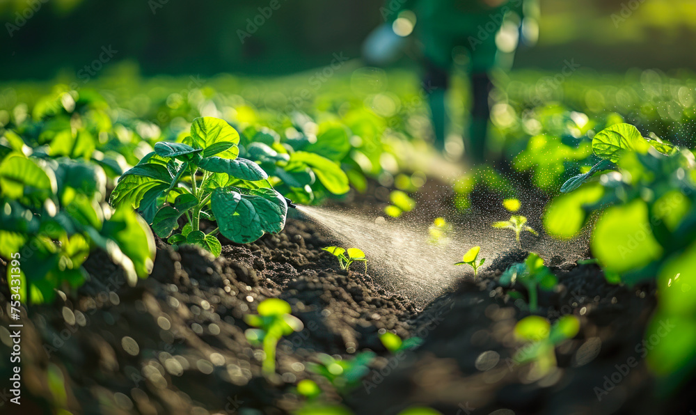 Early morning gardening, a farmer carefully sprays young green plants with fertilizer to promote growth and protect against pests Early morning gardening, a farmer carefully sprays young green plants with fertilizer to promote growth and protect against pests