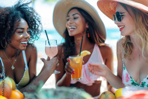 Young happy women talk while drinking cocktails and eating fruit on summer vacation