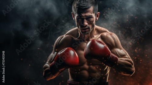A portrait of a strong, pumped-up athletic Boxer man ready to strike in red gloves looks at the camera against the dark background of the ring, gym. Competitions, Sports, Energy, Training concepts. © liliyabatyrova