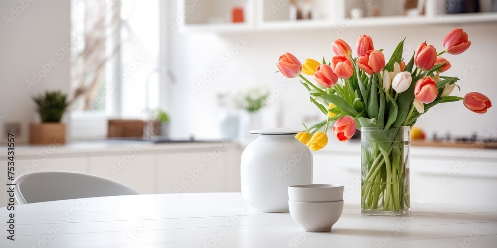Modern white kitchen with Latin breakfast and floral vase on table. Modern white kitchen with Latin breakfast and floral vase on table.