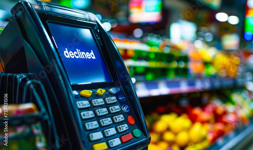 Close-up view of a payment terminal screen displaying declined message in a grocery store, symbolizing payment issues and financial transactions photo