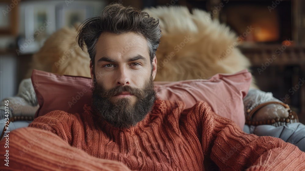 Obraz premium Handsome Bearded Man Sitting On Sofa, Desktop Wallpaper Backgrounds, Background HD For Designer