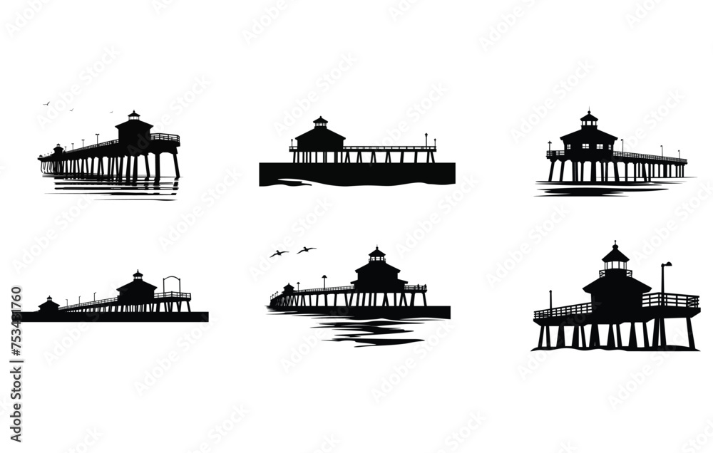 Huntington Beach Pier Silhouette vector, Pier over the ocean,