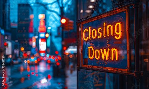 Illuminated Closing Down sign hanging in a storefront window at dusk, signaling the end of business operations, with city lights blurred in the background