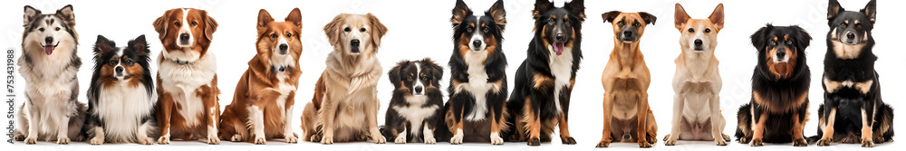 large group of dogs sitting in the row, generative Ai