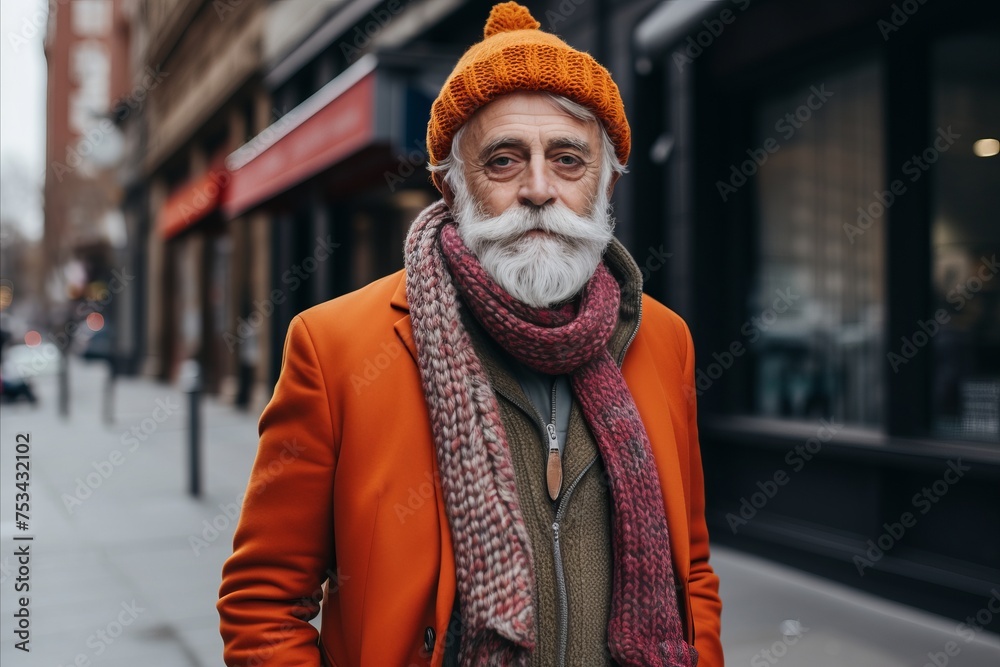 Portrait of a senior man with a white beard in a bright orange hat and scarf on the street