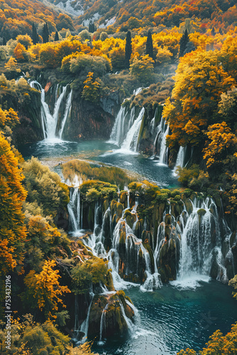 Aerial view of beautiful cascading waterfalls