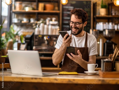 A cheerful barista in apron interacts with smartphone near laptop in cozy coffee shop.