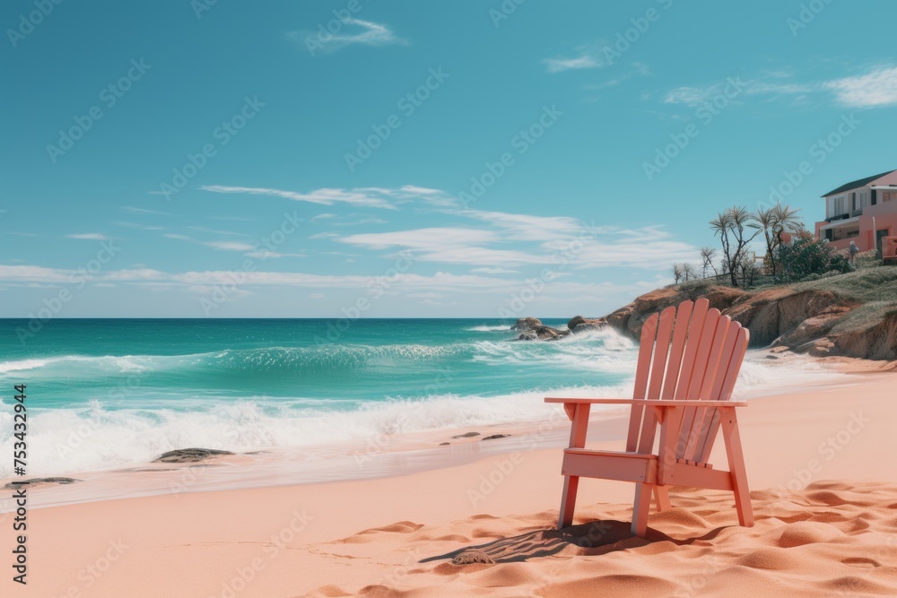 Sun lounger on a sunny beach, without people, overlooking the sea. Vacation concept