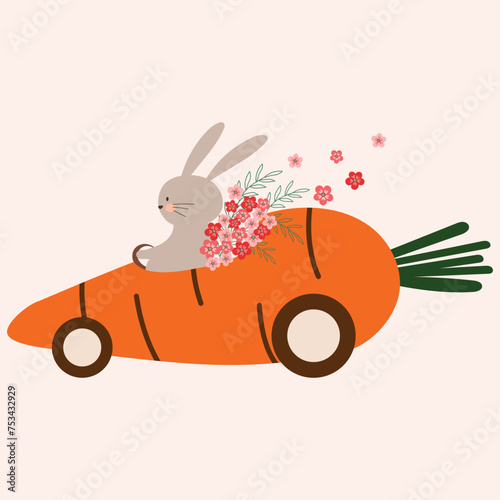 adorable pastel bunny in carrot car clipart hand drawn vector illustration for decorate invitation greeting birthday party celebration wedding card poster banner textile background