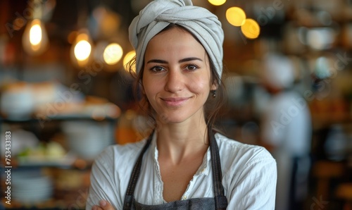 Young female chef in a chef's hat with arms crossed standing confidently in restaurant kitchen