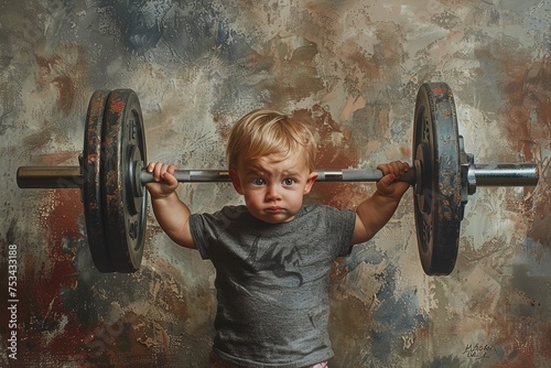 Tiny Titan: A pint-sized powerhouse conquers gravity, lifting Herculean weights effortlessly. Witness the adorable might against a brooding backdrop. photo