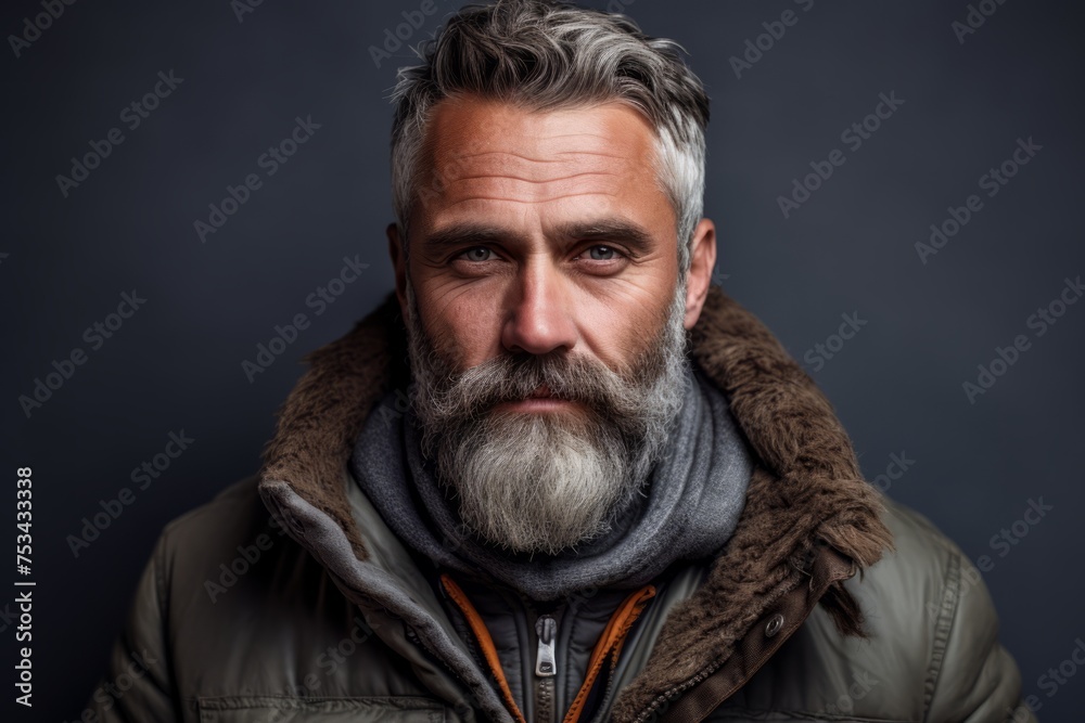Portrait of a handsome mature man with gray beard and mustache wearing warm winter clothes.