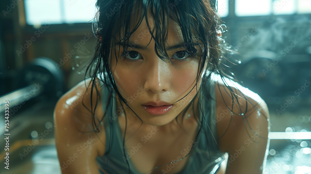 An Asian woman focused on her wrestling training in a contemporary gym, exuding determination and strength in her workout routine..