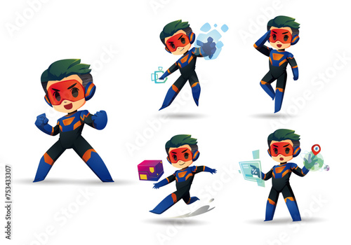 Blue black little Super Hero Boy Mascot Character Set 2