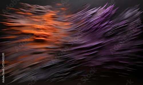 An abstract blur of purple, grey, and orange colors with a grainy texture on a black background, generative AI