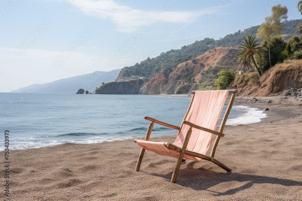 Sun lounger on a sunny beach, without people, overlooking the sea. Vacation concept