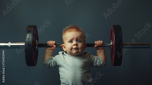 Tiny Titan: Adorable power packed in a pint-sized package! Watch as this strong baby defies gravity with a heavy barbell against a dark backdrop.