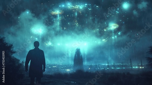 People observing supernatural lights in the dark sky. UFO experience. Created with generative AI.