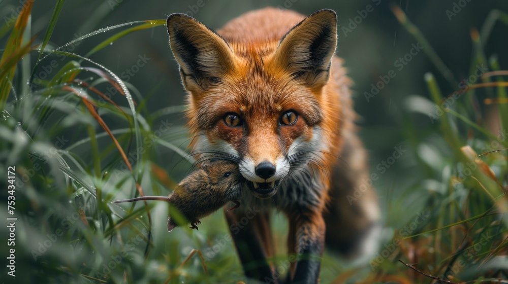 Fototapeta premium Close up photo of a red fox carrying a mouse in its mouth, with lush green grass in the background
