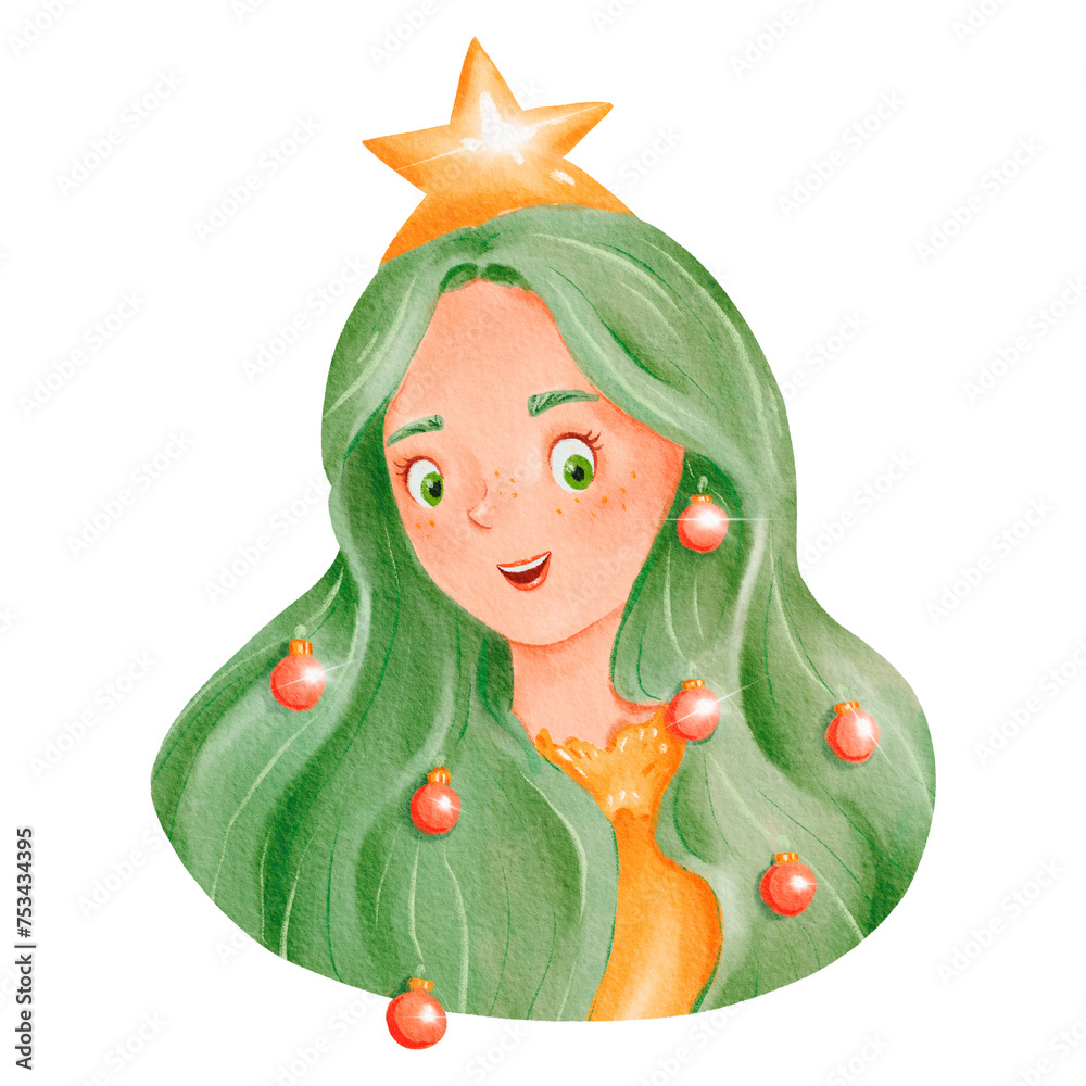 A girl with green hair and a star on her head is dressed up as a Christmas tree