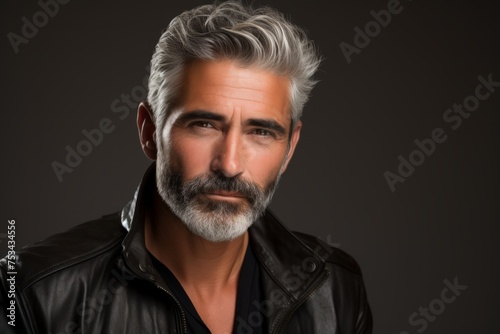 Portrait of a handsome mature man with gray hair and beard wearing a black leather jacket.