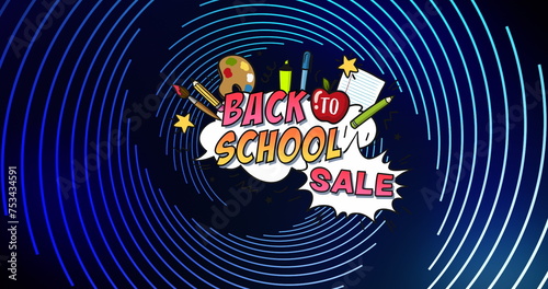 Image of back to school over blue spiral on black background