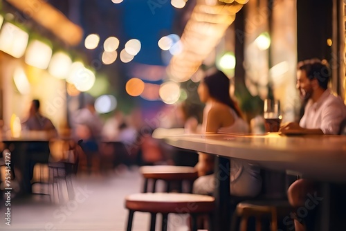 Leisure, travel, vacation concept. Bokeh background of street bar or restaurant outdoor. People sitting and chill, hang out, taking dinner and listen music. Blurred bokeh background. Generative AI  photo
