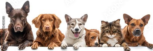 A group of pets sitting in front of a white background, generative Ai
