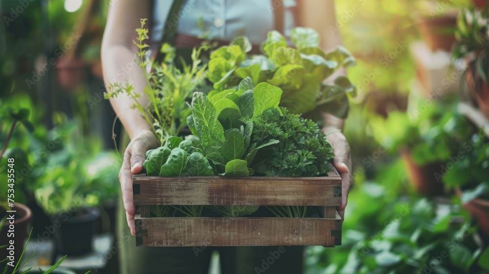 Hands Holding Wooden Box with Vegetables, Blur Garden Background Hands Holding Wooden Box with Vegetables, Blur Garden Background