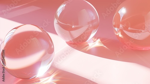 Image of large transparent glass balls on a peach-colored background. Luxury trendy wallpapers. Generative AI