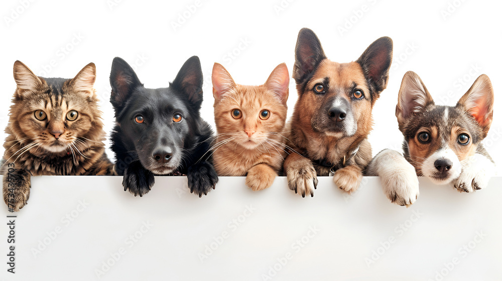 Group of pets together over white banner isolated, generative Ai